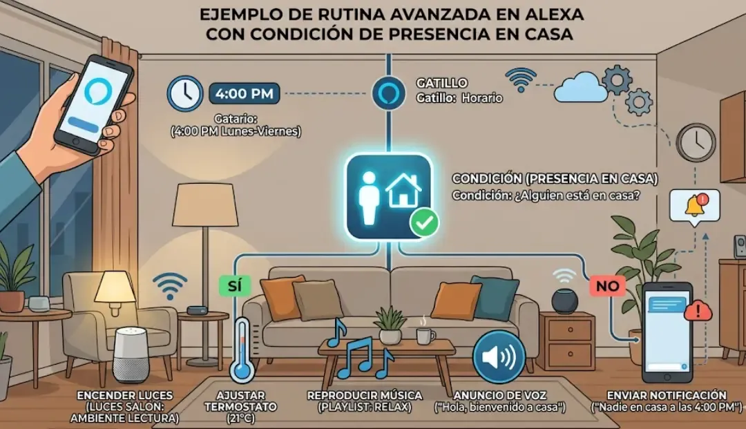 Ejemplo de rutina avanzada en Alexa con condición de presencia en casa