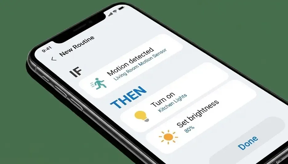 Captura de pantalla de la aplicación SmartThings mostrando la creación de una rutina basada en la condición 'Si ocurre esto, entonces haz lo otro'