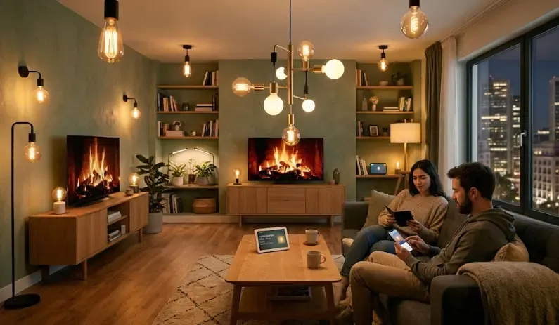 Salón acogedor con luces cálidas regulables: así se ve una casa con bombillas inteligentes que funcionan bien