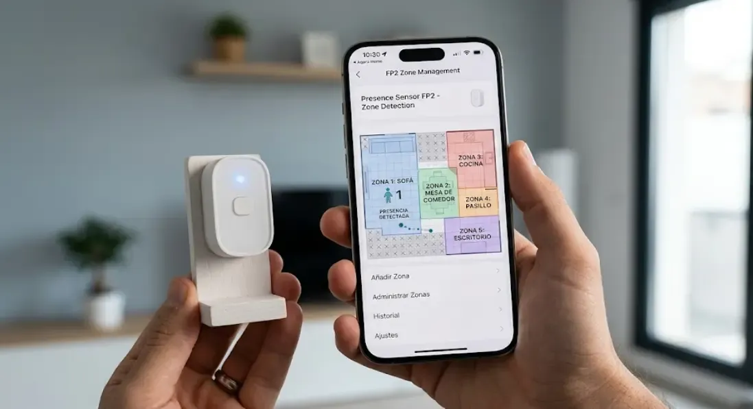 Sensor mmWave Aqara FP2 mostrando zonas de detección en app