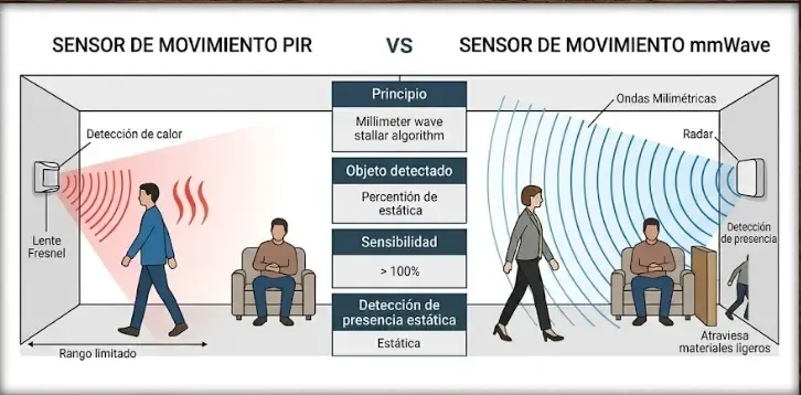 Comparativa sensor PIR vs mmWave en domótica: diferencias de detección de movimiento y presencia estática