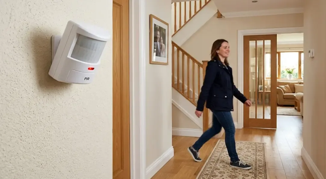 Sensor PIR instalado en pared con detección de movimiento