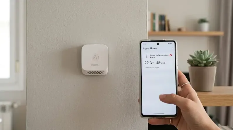 Sensor de temperatura Zigbee Aqara montado en pared