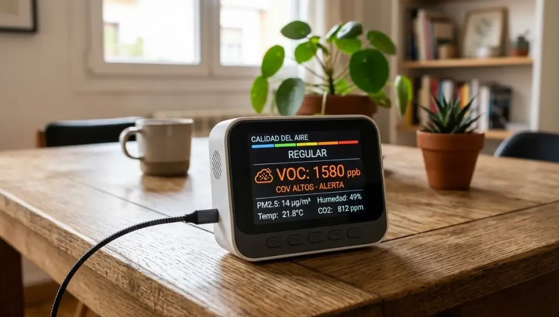 Dispositivo moderno de sensor de calidad del aire sobre una mesa de madera, mostrando en su pantalla digital niveles de alerta de compuestos orgánicos volátiles (VOC) en color naranja.