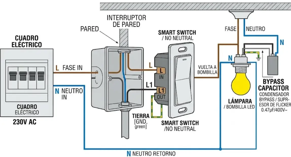 Esquema eléctrico de conexión de interruptor sin neutro con bypass en paralelo a la bombilla