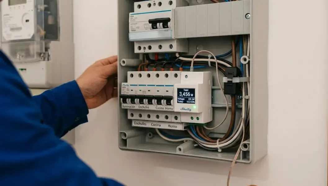 Shelly EM instalado en cuadro eléctrico mostrando consumo total