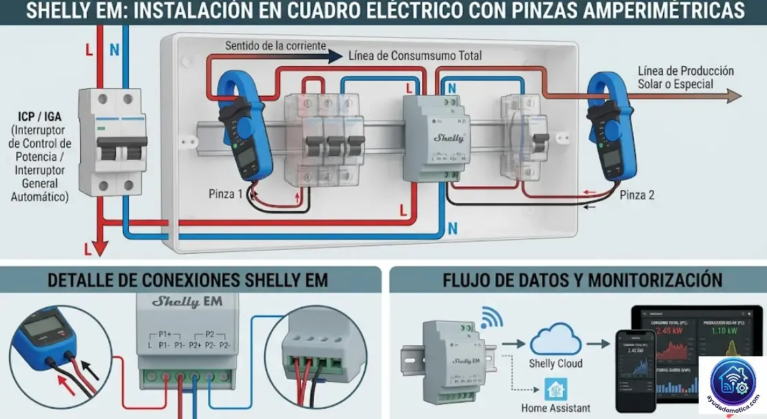 Shelly EM instalado cuadro eléctrico con pinzas amperimétricas