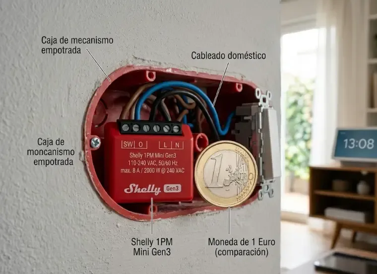 Shelly 1PM Mini Gen3 instalado en caja de mecanismos y comparado con una moneda de 1 euro para mostrar su tamaño real