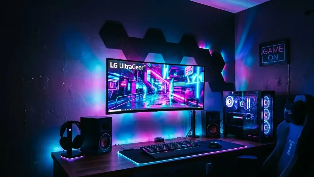 Setup de ordenador gamer moderno en una habitación a oscuras, con la pantalla mostrando colores neón que se reflejan y extienden por las paredes gracias a tiras LED sincronizadas.