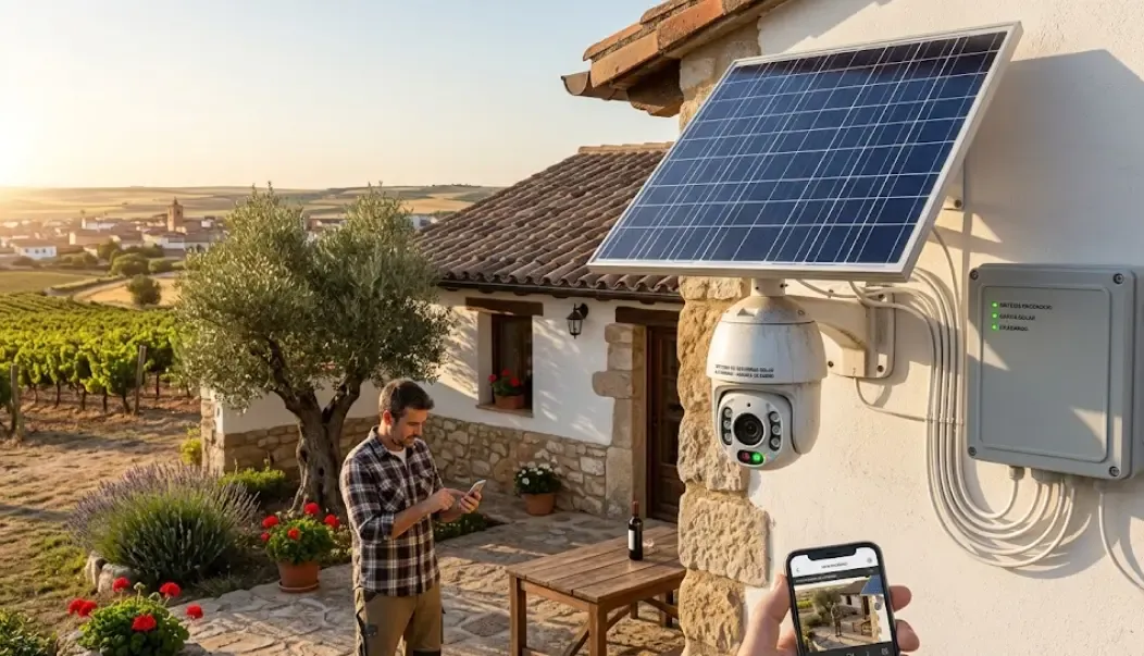 Sistema completo de cámara de seguridad con placa solar funcionando en exterior
