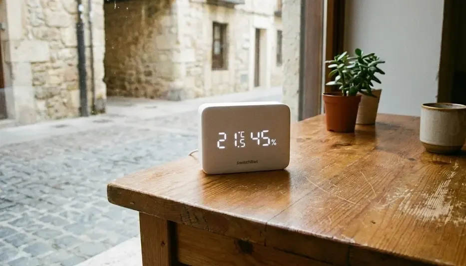 SwitchBot Hub 2 sobre una mesa mostrando la temperatura en su pantalla LED blanca