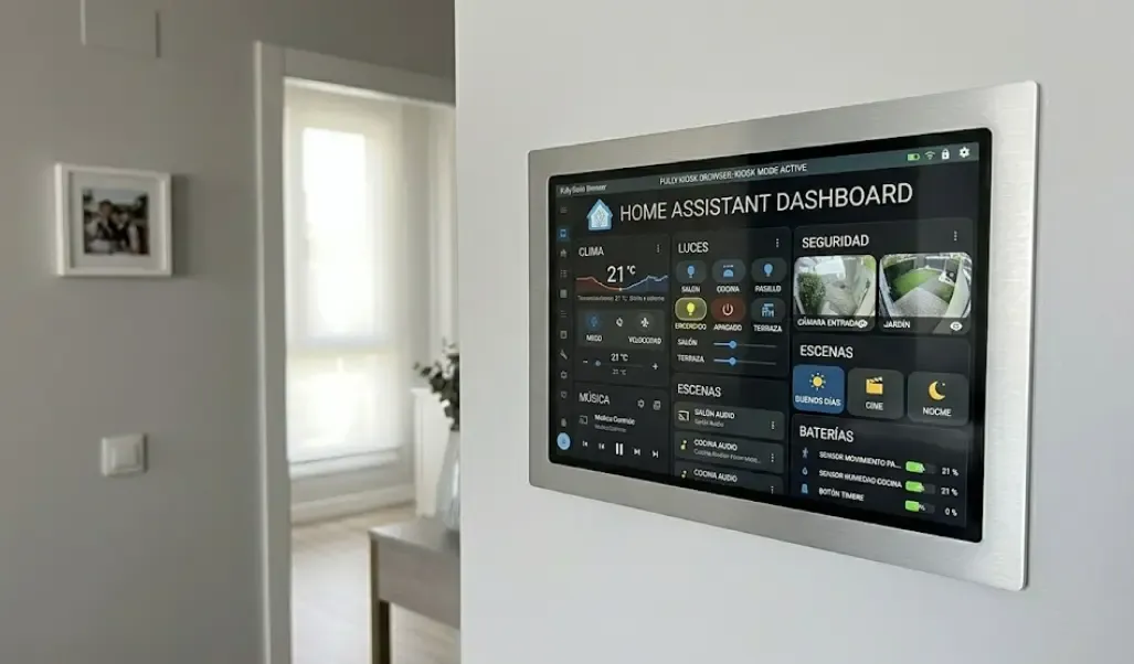 Tablet empotrada en pared con carcasa flush mount mostrando dashboard de Home Assistant