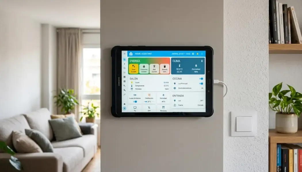 Tablet domótica instalada en pared con dashboard de Home Assistant