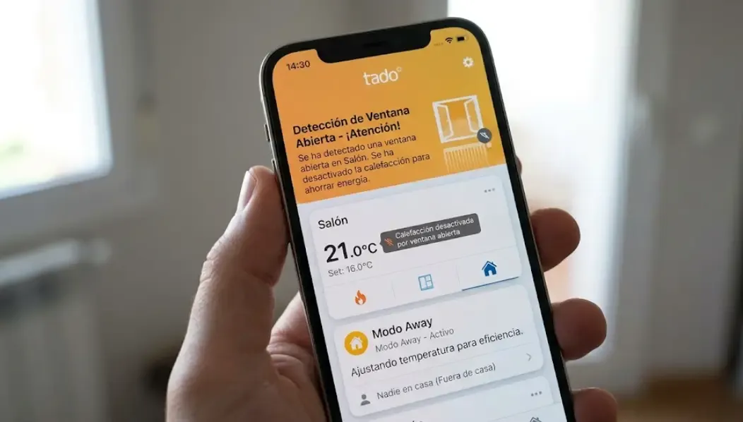 Pantalla de la app Tado mostrando detección de ventana abierta y modo away activo