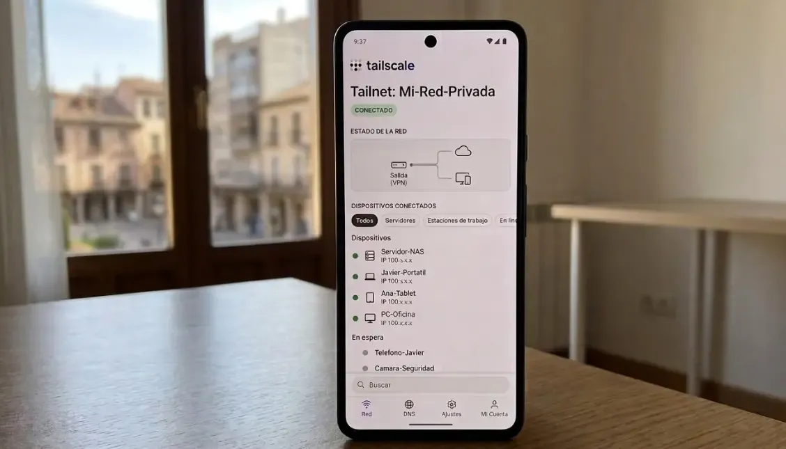 Interfaz de usuario de la app móvil de Tailscale mostrando dispositivos conectados