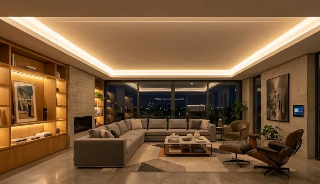 Salón arquitectónico de diseño iluminado magistralmente con un foseado perimetral de luz cálida gestionado por protocolo DALI, sin zonas oscuras ni parpadeos.