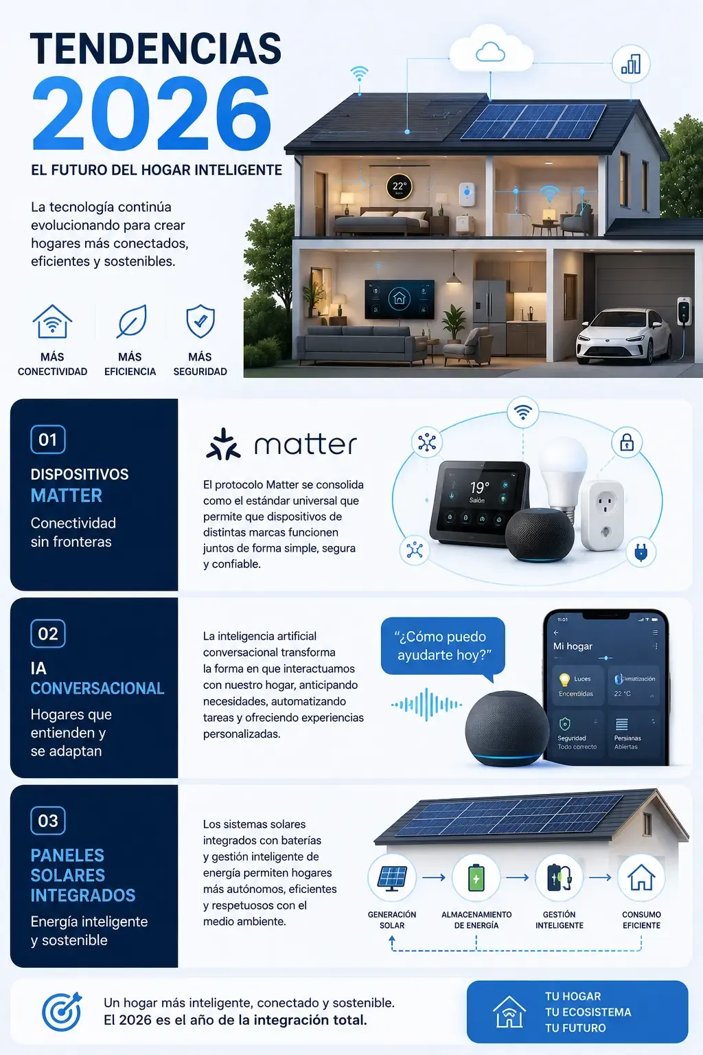 Infografía de tendencias 2026: dispositivos Matter, IA conversacional y paneles solares integrados en el hogar inteligente.