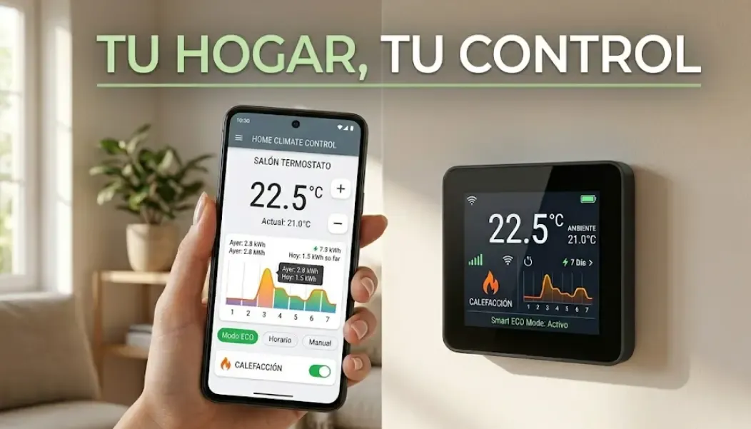 Termostato WiFi instalado en pared con app móvil mostrando control de temperatura