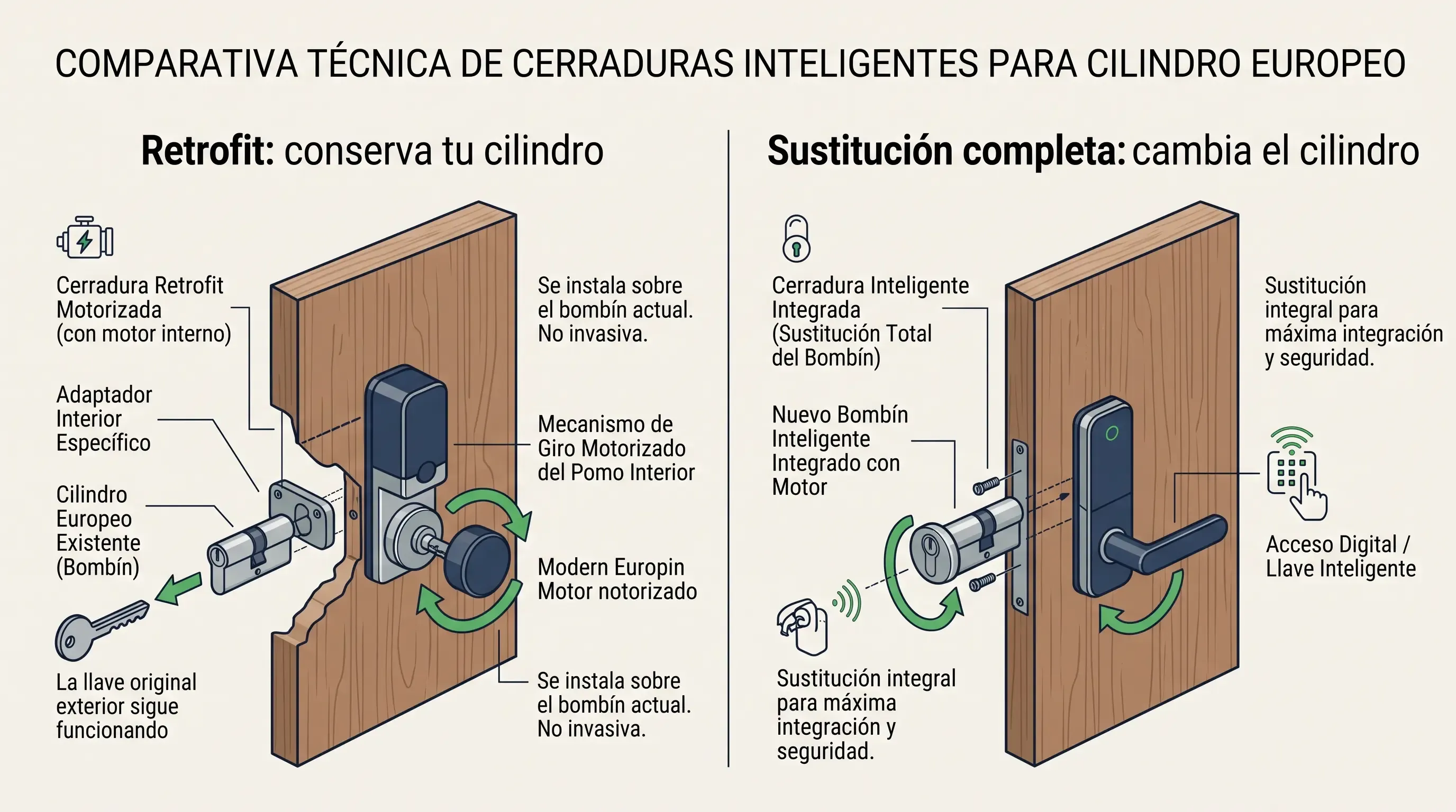 Tipos de cerraduras inteligentes: retrofit sobre cilindro europeo vs sustitución completa