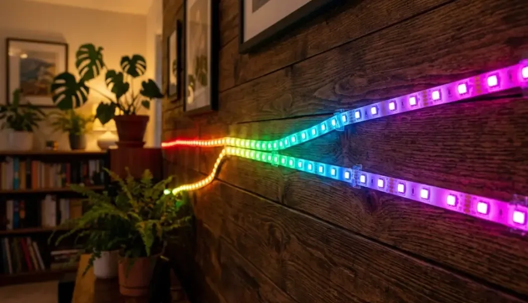 Ejemplo de tira LED RGBIC mostrando diferentes colores en distintos segmentos de la misma cinta