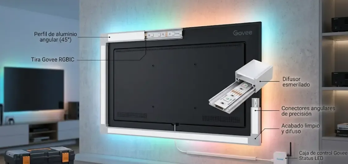 Instalación profesional de tira RGBIC Govee detrás de un TV de 65 pulgadas con perfil de aluminio angular para un acabado limpio y difuso