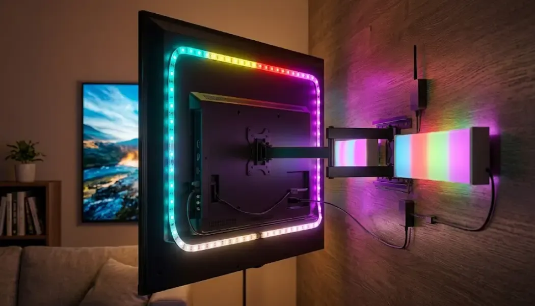 Tira LED RGBIC instalada en la parte trasera de un televisor de 55 pulgadas con efecto bias lighting y perfil separado de la pared