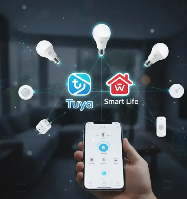 Composición visual que muestra los logotipos de Tuya y Smart Life rodeados de dispositivos domóticos económicos como bombillas, enchufes y sensores conectados a un smartphone
