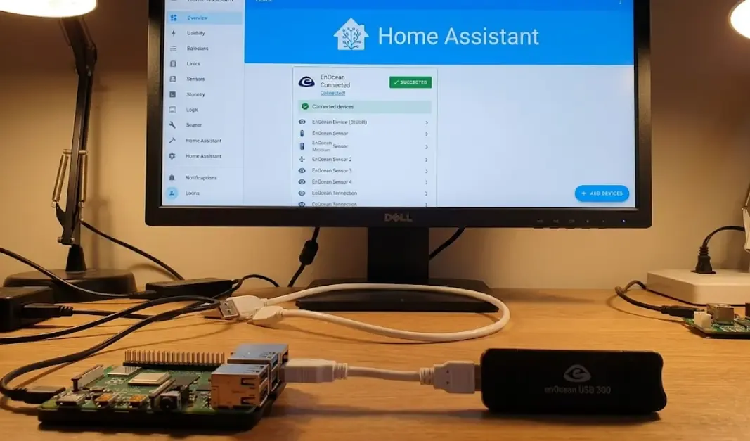 Un dispositivo EnOcean USB 300 negro conectado mediante un cable de extensión a una Raspberry Pi, con una pantalla de fondo mostrando la integración exitosa en el panel de Home Assistant.