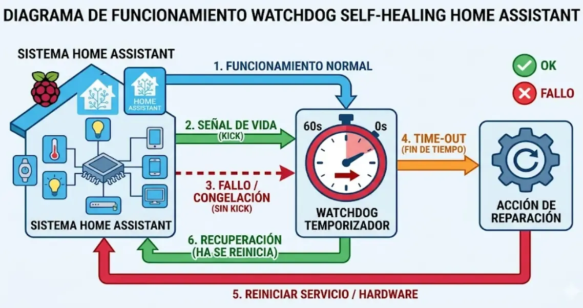Diagrama de funcionamiento watchdog self-healing home assistant