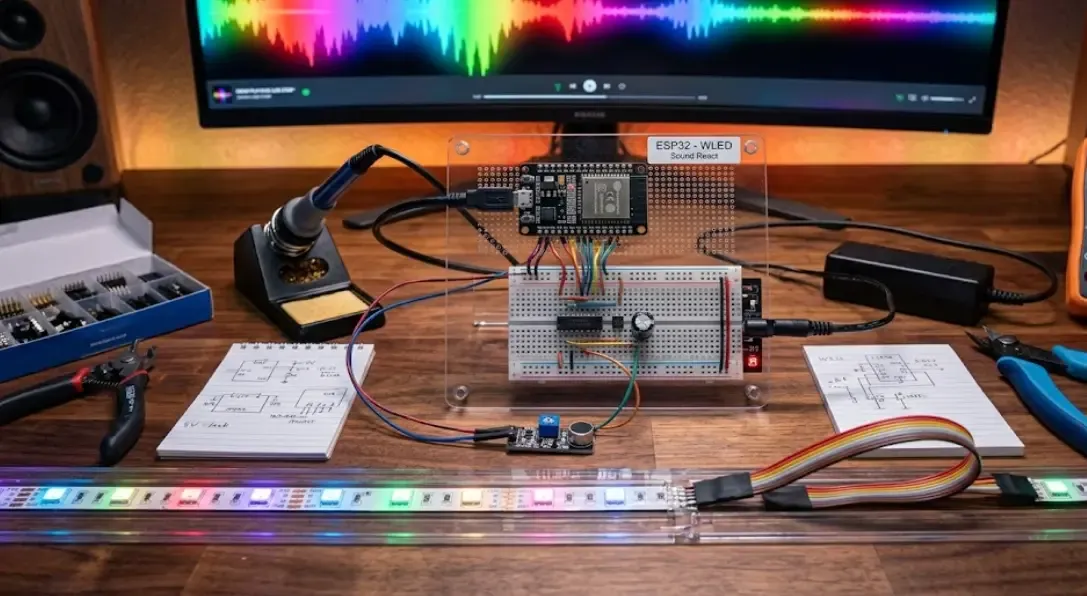 Instalación DIY de WLED con ESP32 y tira WS2812B para sincronización musical