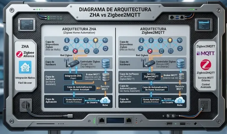 Diagrama de arquitectura ZHA vs Zigbee2MQTT