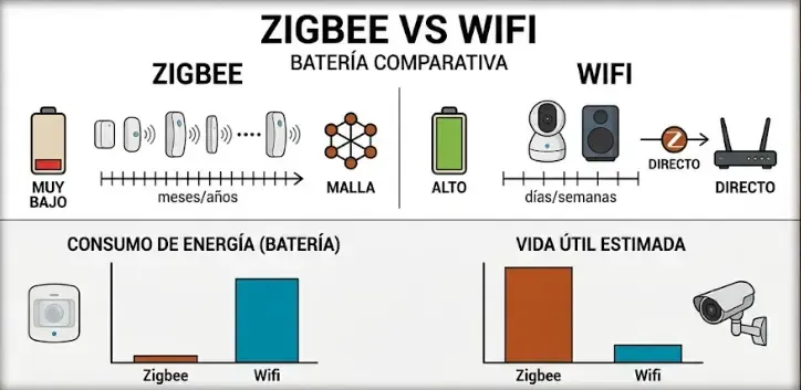 Gráfico comparativo duración batería sensores Zigbee vs WiFi en domótica