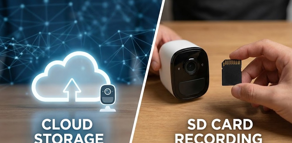 Imagen comparativa dividida: a la izquierda, un icono gráfico de nube azul brillante etiquetado "CLOUD STORAGE" con una cámara; a la derecha, una mano sosteniendo una tarjeta de memoria junto a una cámara de seguridad física etiquetada "SD CARD RECORDING".