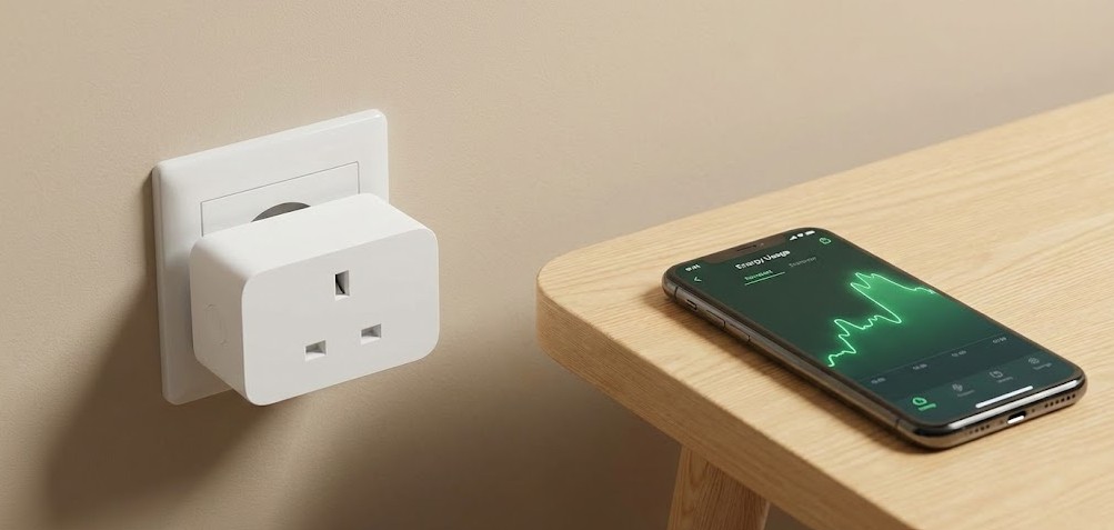 Primer plano de un enchufe inteligente blanco conectado a una toma de pared, junto a un teléfono móvil sobre una mesa de madera que muestra una gráfica verde de consumo de energía en su pantalla.