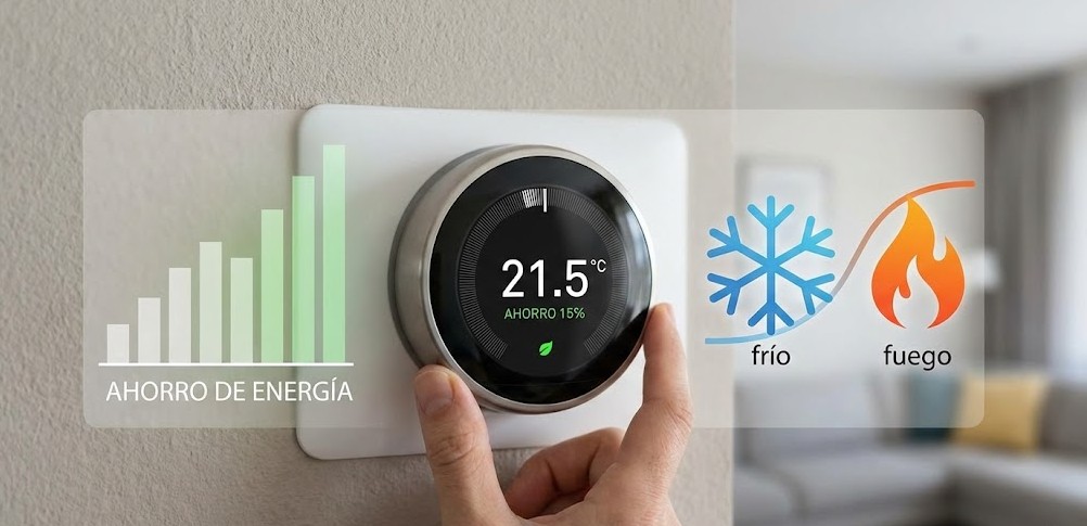 Mano ajustando un termostato inteligente digital en la pared, con una pantalla que indica 21.5°C y un ahorro del 15%, superpuesto con gráficos de barras de "Ahorro de Energía" e iconos de "frío" (copo de nieve) y "fuego" (llama).