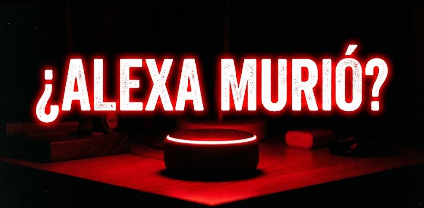 Primer plano de un Amazon Echo Dot en la oscuridad con el anillo de luz iluminado en rojo intenso y el texto '¿ALEXA MURIÓ?', indicando micrófono silenciado o error crítico."