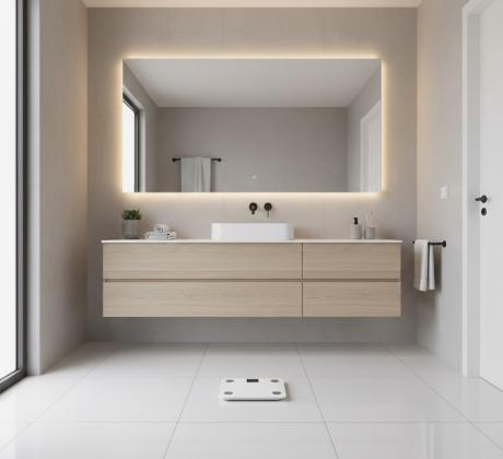 Báscula de baño inteligente blanca en el suelo de un baño moderno y minimalista con espejo retroiluminado LED.