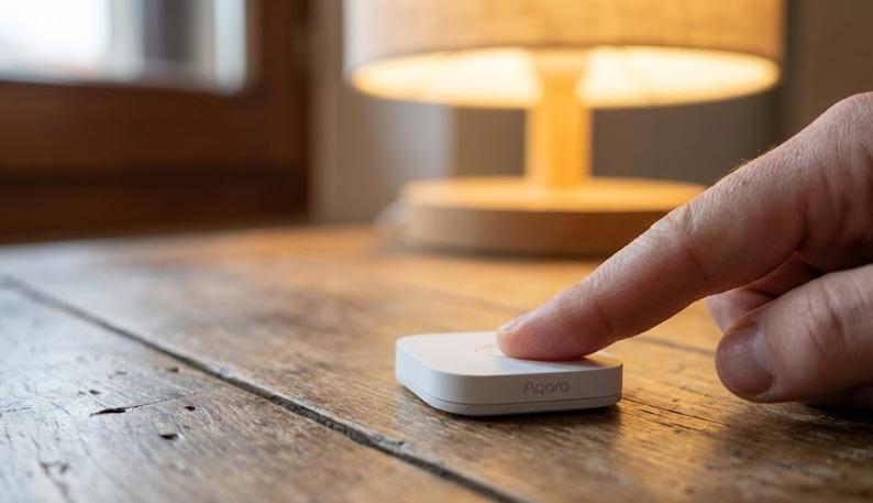 Dedo pulsando botón inteligente Aqara Mini Switch blanco sobre mesa de madera para control de iluminación.