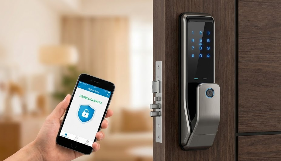 Primer plano de una cerradura inteligente digital instalada en una puerta moderna, siendo desbloqueada mediante una aplicación móvil para ilustrar el acceso sin llaves.