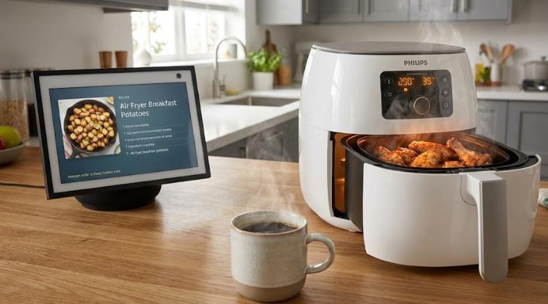 Cocina moderna con Air Fryer en uso y pantalla Echo Show mostrando receta junto a un café. Opción B (SEO): Asistente de cocina inteligente Echo Show con receta y Air Fryer funcionando en el desayuno.