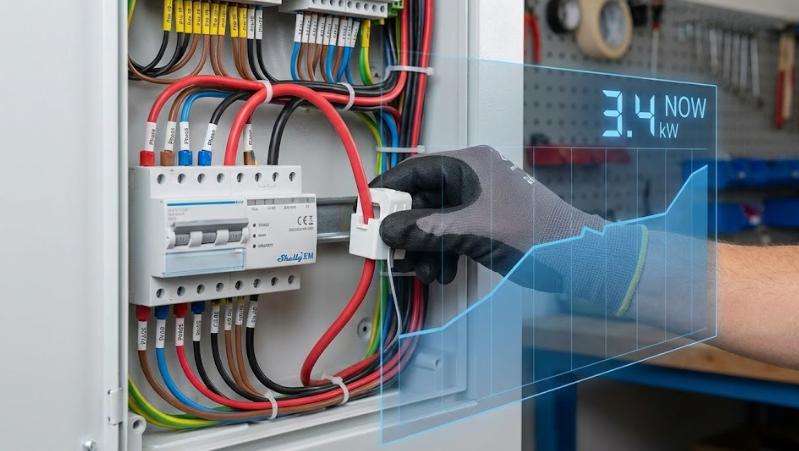 Mano instalando la pinza amperimétrica de un Shelly EM en un cuadro eléctrico abierto con gráfico de consumo superpuesto. Opción B (SEO): Instalación de medidor de consumo WiFi Shelly EM en cuadro eléctrico para monitorización de energía.