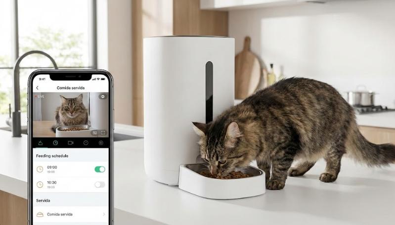 Comedero automático inteligente para gatos controlado por app móvil con gato comiendo
