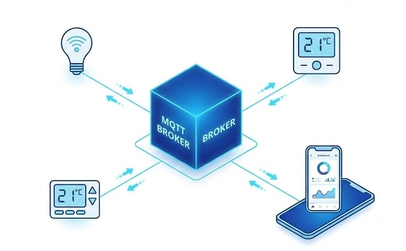 Ilustración minimalista sobre fondo blanco de una red MQTT. Un cubo central (Broker) está conectado mediante líneas finas a iconos de una bombilla, un termostato y un teléfono móvil, representando la topología de estrella.