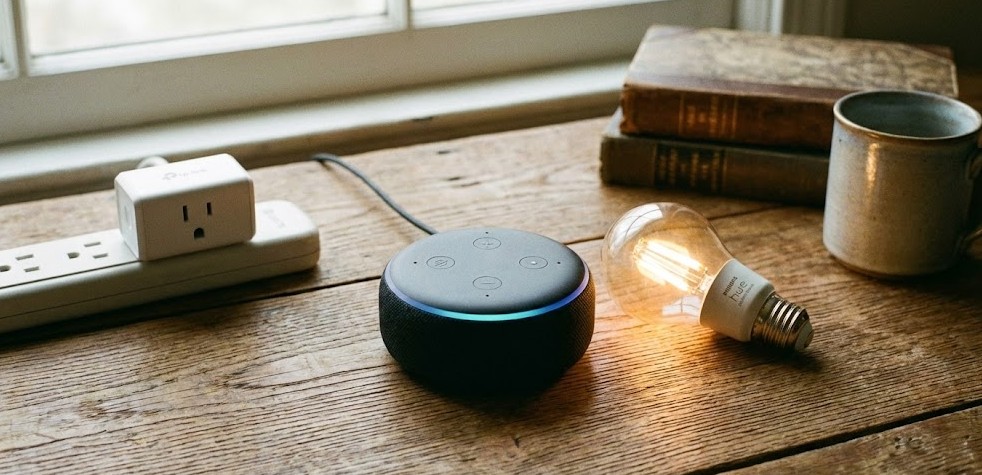 Bodegón tecnológico sobre mesa de madera rústica que muestra un altavoz Amazon Echo Dot con luz azul, una bombilla inteligente de filamento encendida y un enchufe inteligente blanco conectado a una regleta.