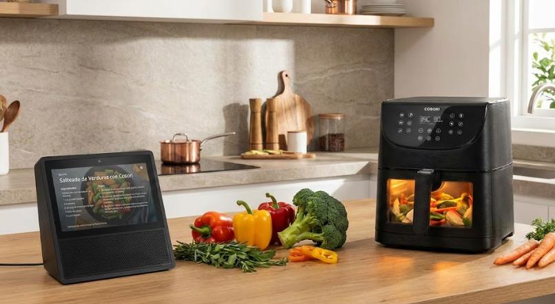 Encimera de cocina moderna con Amazon Echo Show 8 mostrando una receta y una freidora de aire Cosori en funcionamiento junto a verduras frescas.