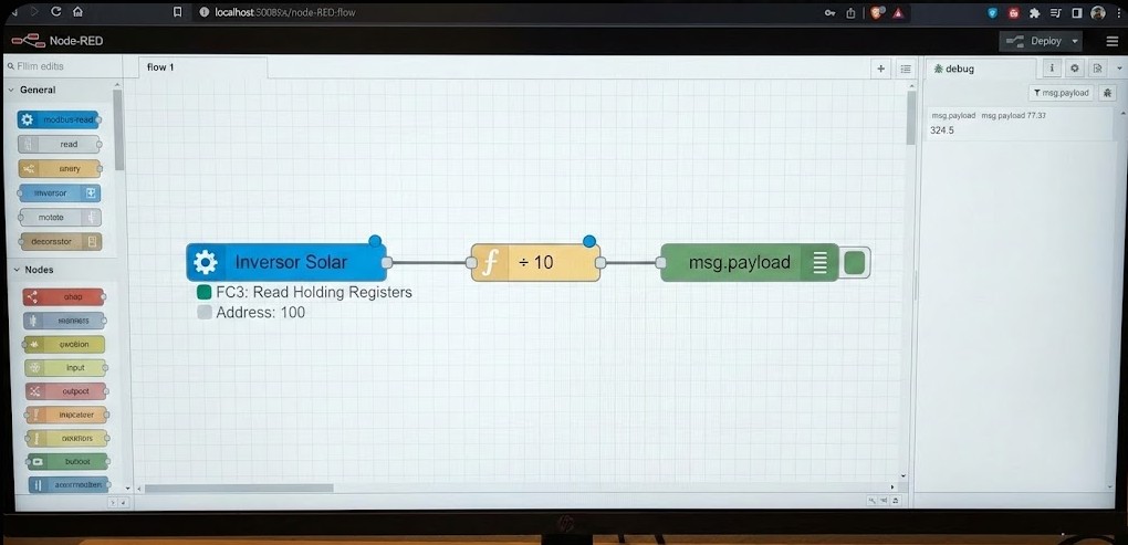 Captura de pantalla de un flujo en Node-RED mostrando un nodo Modbus Read conectando a un nodo Function para dividir por 10 y un nodo Debug.