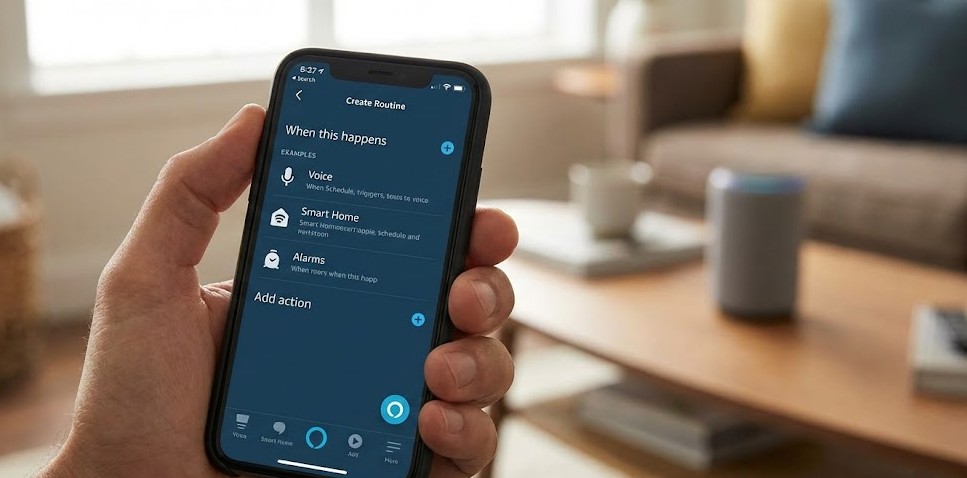 Menú de configuración de Rutinas en Alexa Captura de pantalla de la interfaz de la App Amazon Alexa en el menú de creación de Nueva Rutina