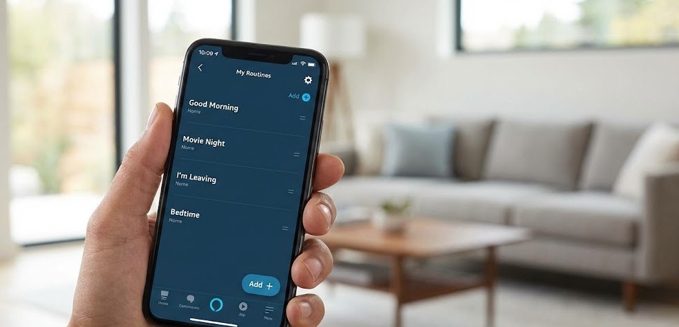 Mano sosteniendo un smartphone que muestra la pantalla "Mis Rutinas" dentro de la aplicación de Amazon Alexa, con una lista de automatizaciones como "Good Morning" y "Movie Night" en un salón moderno.