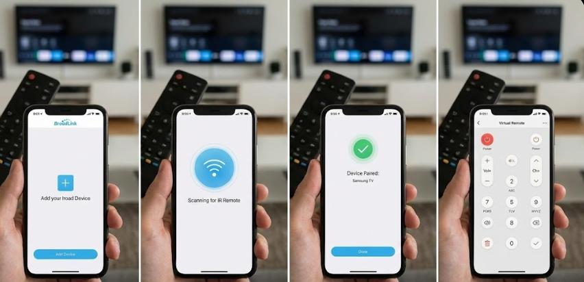 Captura de pantalla mostrando los pasos para emparejar un mando universal IR en la app Tuya o BroadLink