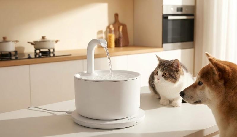 Fuente Xiaomi Smart Pet Fuente de agua inteligente para mascotas Xiaomi mostrando el flujo de agua y la base de carga inalámbrica